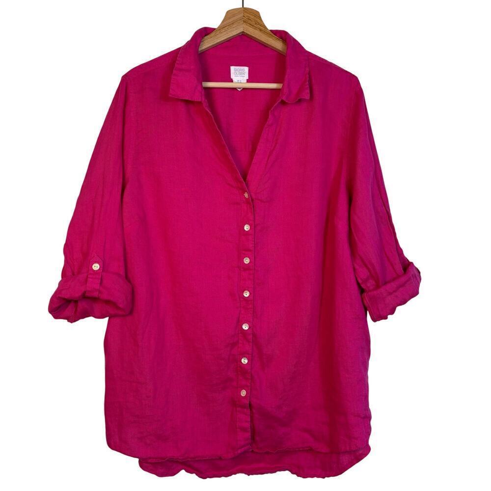 Sigrid Olsen Button Down Linen Shirt Sz 1X Hot Pink Breathable Relaxed Roll tab